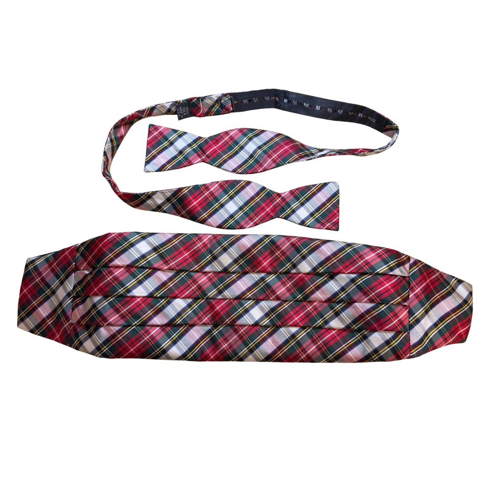 Vintage Red Plaid Silk Cummerbund and Self Tie Bow Tie Set Made in USA Christmas